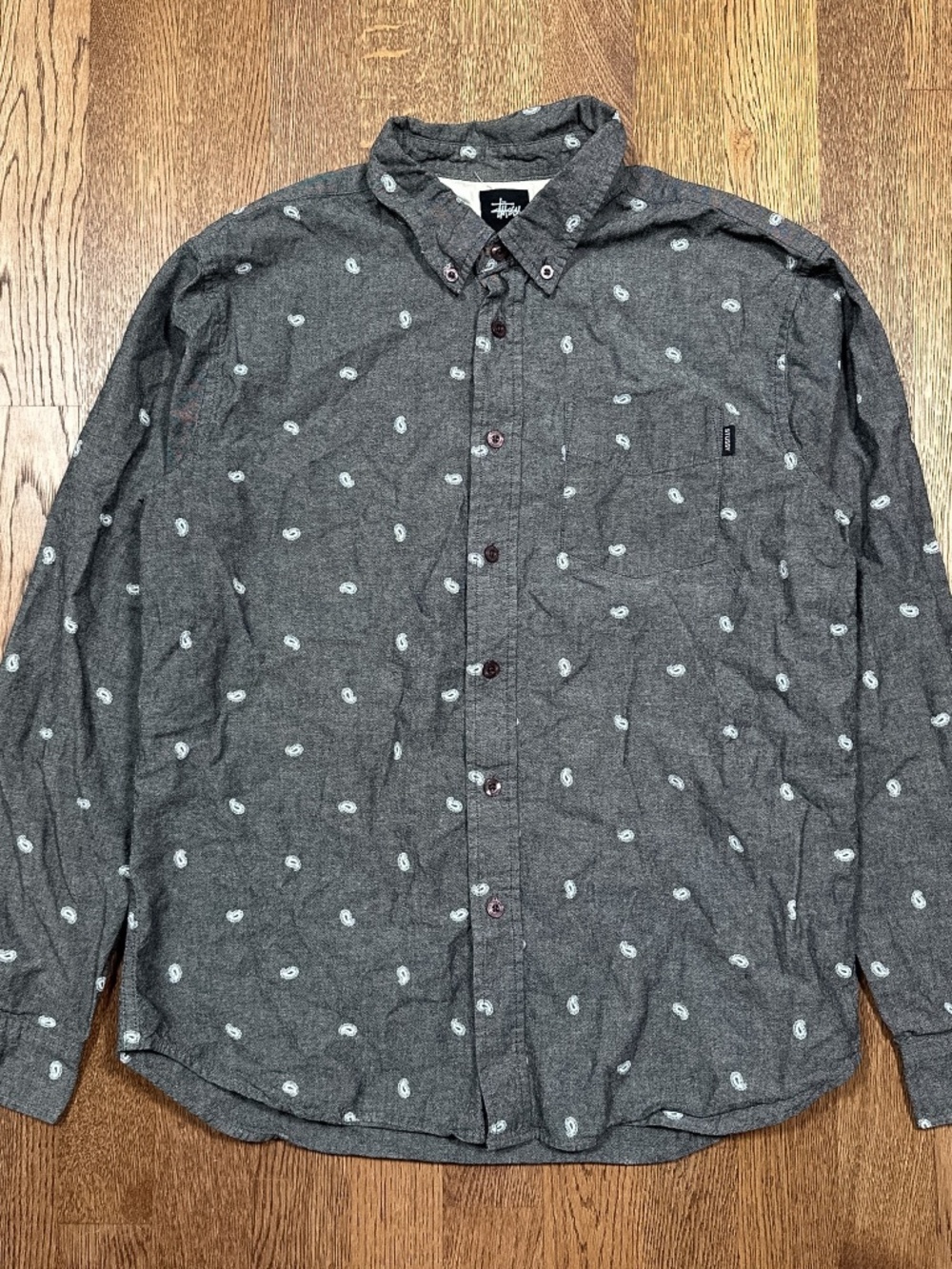Stussy Paisley Gray Oxford Button Down Cotton Long Sleeve Dress Shirt Mens Small